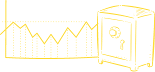 Un grafico a linea gialla con picchi e valli netti porta a una cassaforte chiusa, suggerendo il concetto di sicurezza finanziaria o di salvaguardia dei beni.
