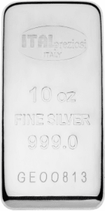 Un lingotto d'argento lucido con la scritta ITALpreziosi ITALY, 10 oz FINE SILVER 999.0 e GEO0813 sulla superficie frontale.