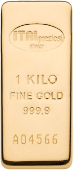 Un lingotto d'oro con il timbro ITAL preziosi ITALY, 1 KILO FINE GOLD 999.9 e il numero di serie A04566.