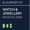 Una grafica blu navy con il testo IN SUPPORT OF WATCH JEWELLERY INITIATIVE 2030 in bianco, insieme a tre icone geometriche verdi in basso.