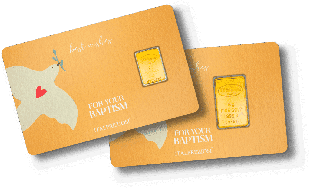 Two orange Baptism cards feature a white dove with an olive branch, a red heart on its wing, and an embedded gold bar. Text reads "Best wishes" and "FOR YOUR BAPTISM" above the ITALPREZIOSI logo.