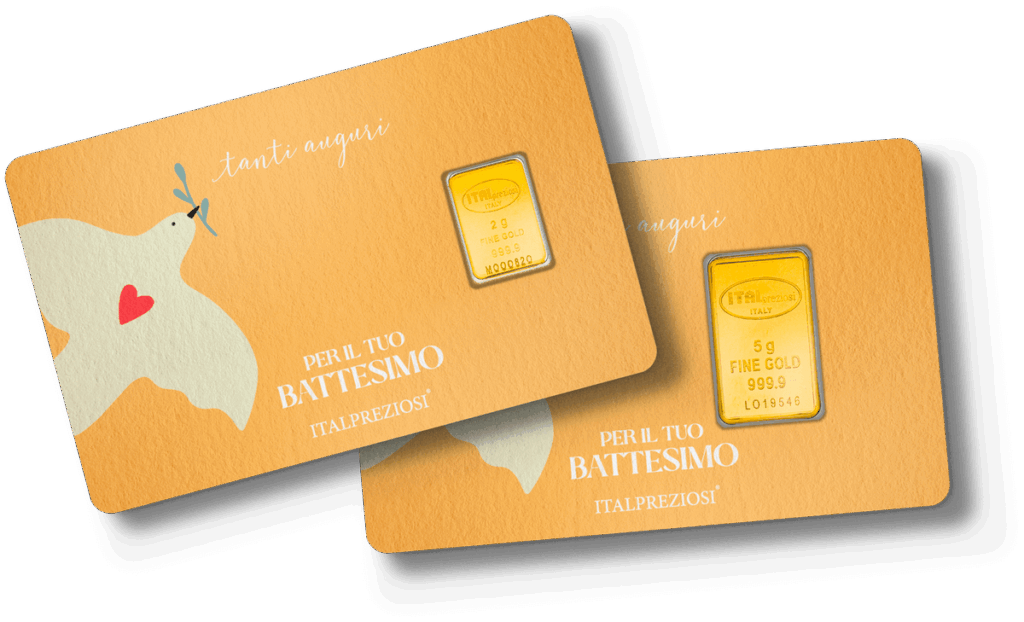 Due cartoncini di Compleanno arancioni con colomba bianca, cuore, ramo d'ulivo e lingotto d'oro. Il testo dice "PER IL TUO COMPLEANNO ITALPREZIOSI" e "tanti auguri".