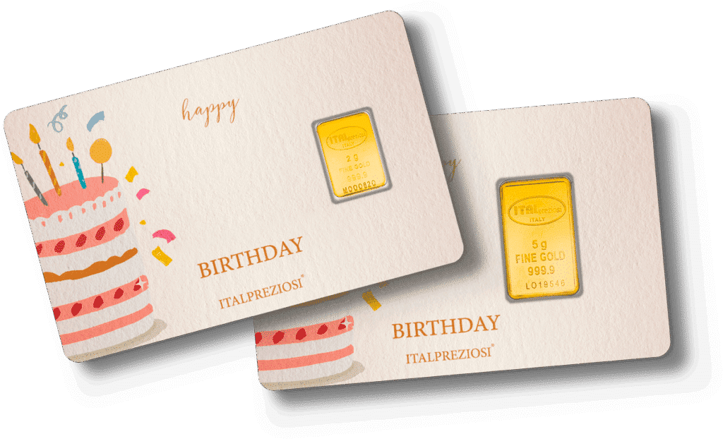 The "Birthday" product includes two 5g FINE GOLD 999.9 bars, each in a card featuring a birthday cake, confetti, and the text "Happy Birthday" and "ITALPREZIOSI.
