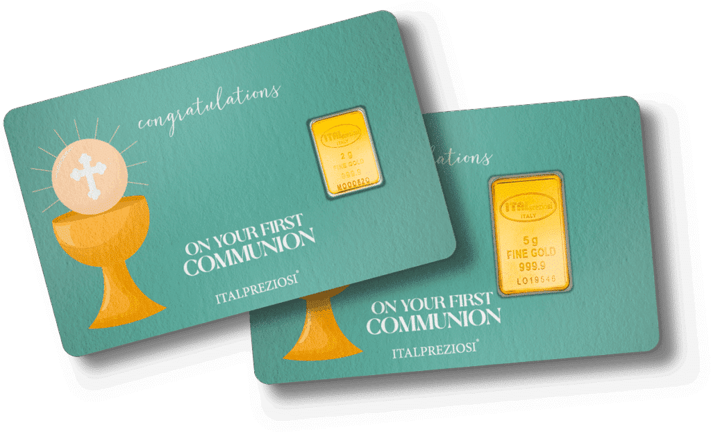 Two teal First Communion cards feature a gold chalice illustration, "CONGRATULATIONS" and "ON YOUR FIRST COMMUNION ITALPREZIOSI" text, each with a small gold bar displayed at the center.