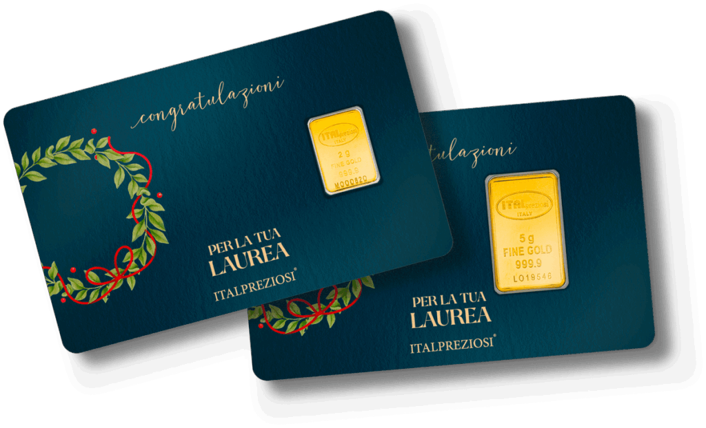 Due cartoline di Compleanno blu scuro con corona d'alloro dorata, "congratulazioni" e "PER LA TUA LAUREA ITALPREZIOSI". Ciascuna cartolina include un lingotto d'oro FINE GOLD 999.9 allegato.