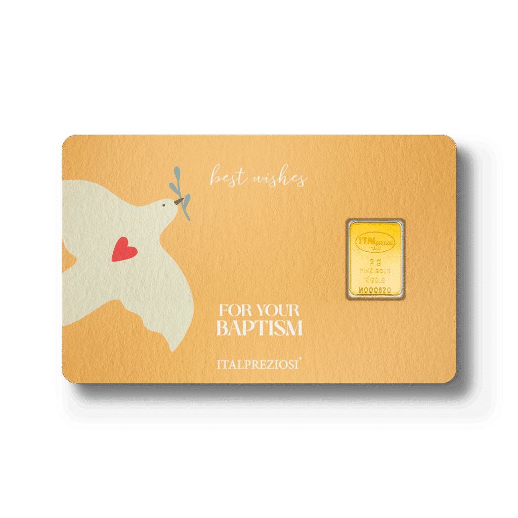 A gold card named "Baptism" featuring a dove with a red heart and olive branch, the text "Best Wishes, FOR YOUR BAPTISM," and a 2g Italpreziosi gold bar displayed on the right.