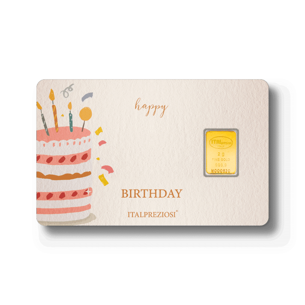 The "Birthday" card features a colorful cake with lit candles on the left, "happy BIRTHDAY" in the center, and a small gold bar on the right. The ITALPREZIOSI brand name appears beneath.