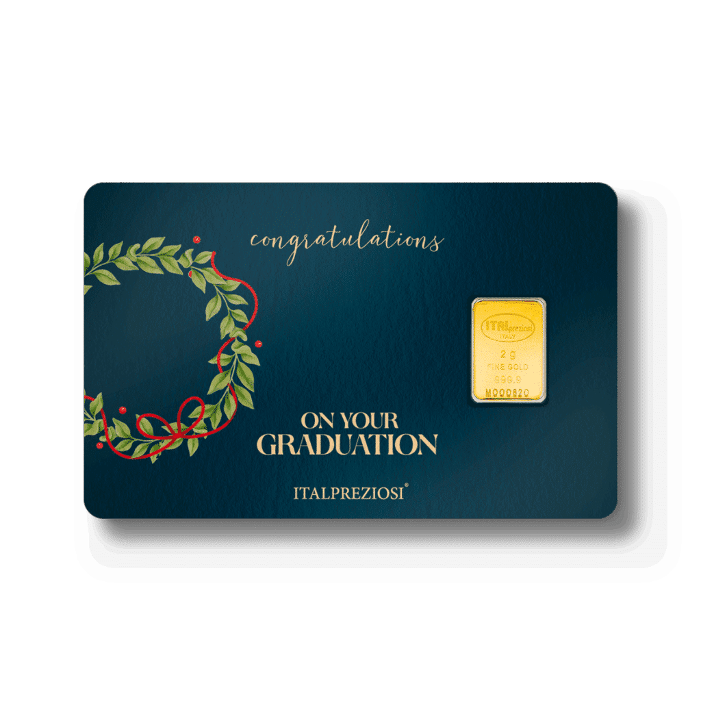 A dark blue "Graduation" card features a laurel wreath with a red ribbon on the left, gold text saying “Congratulations On Your Graduation ITALPREZIOSI,” and a small gold bar encased on the right.