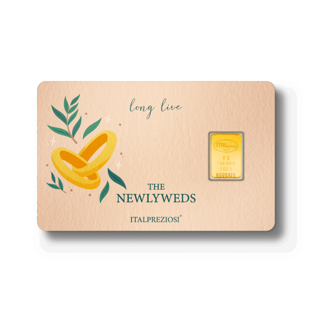 The Wedding card is beige with two interlocked gold rings and green leaves, reads "long live THE NEWLYWEDS," and features a small gold bar labeled ITALPREZIOSI 2.5g FINE GOLD 999.9 on the right.