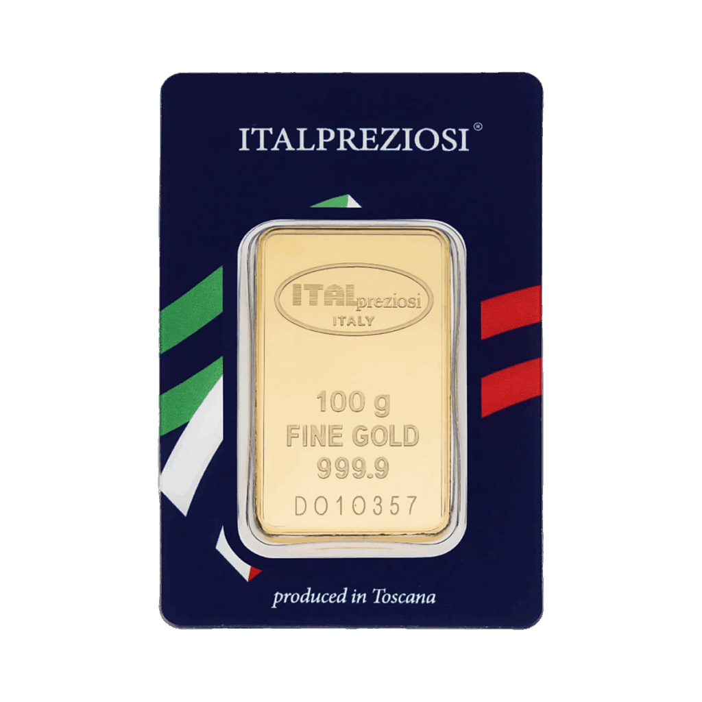 Il Lingotto Oro 100gr è un lingotto d'oro fino 999,9 in confezione blu con i colori della bandiera italiana e la scritta "Toscana" in basso.
