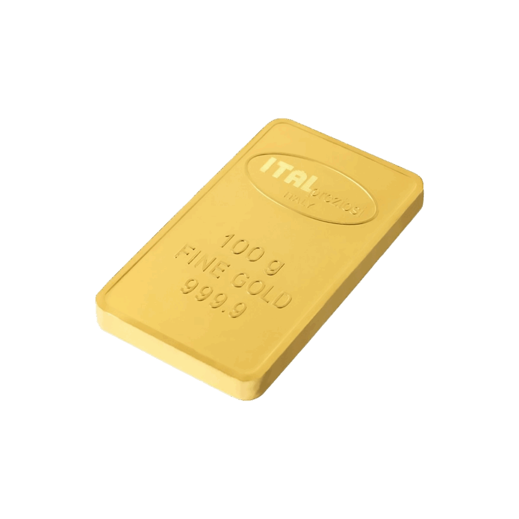 Il lingotto Oro 100gr riporta le diciture ITALPREZIOSI, 100 g, ORO FINE e 999,9 incise sulla superficie ed è raffigurato su uno sfondo bianco.