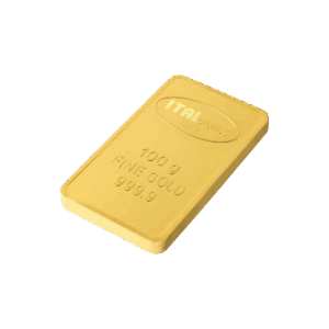 Il lingotto Oro 100gr riporta le diciture ITALPREZIOSI, 100 g, ORO FINE e 999,9 incise sulla superficie ed è raffigurato su uno sfondo bianco.