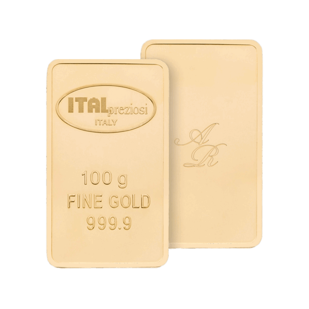 Sono raffigurati due lingotti rettangolari da 100 grammi: uno con la scritta ITALpreziosi ITALIA 100 g ORO FINE 999,9, l'altro con il monogramma decorativo AR.