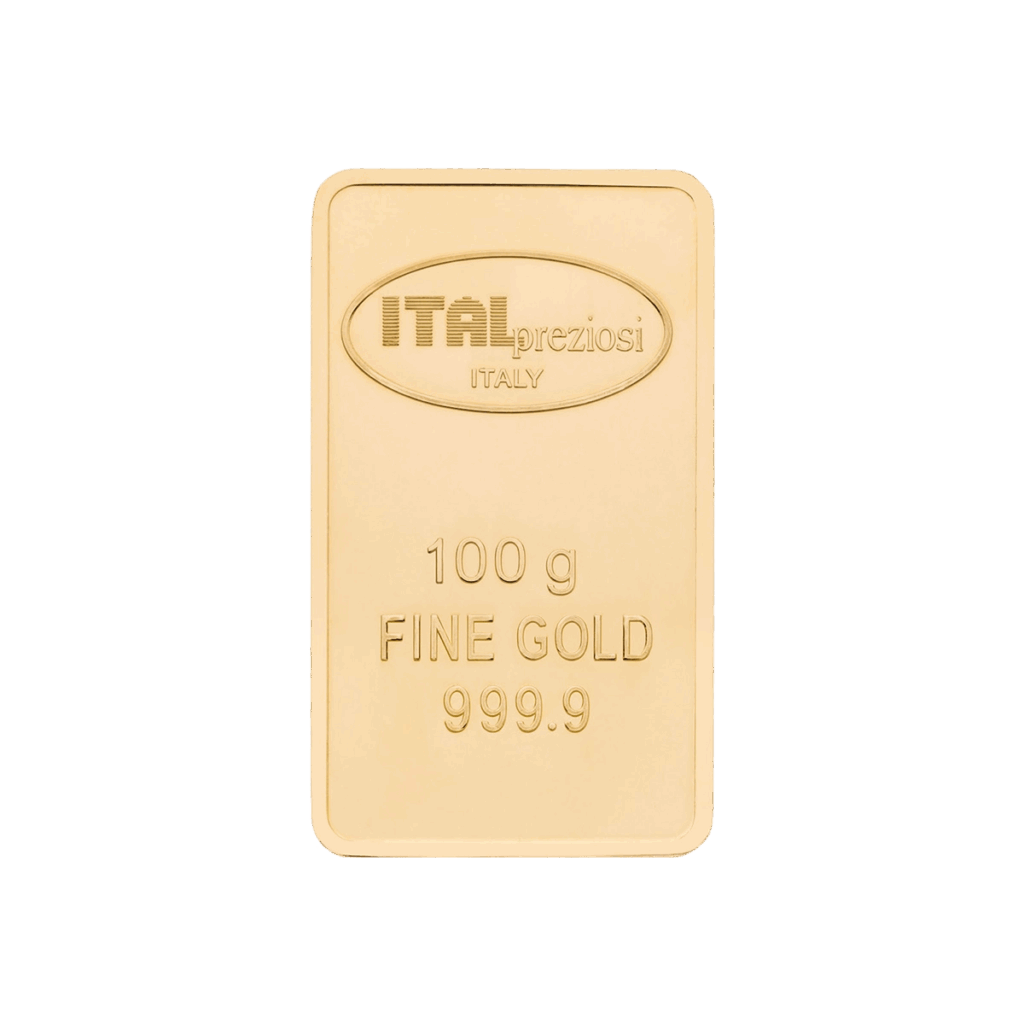 Lingotto Oro da 100gr. timbrato con ITALpreziosi ITALIA 100gr. ORO FINE 999,9, su sfondo bianco.