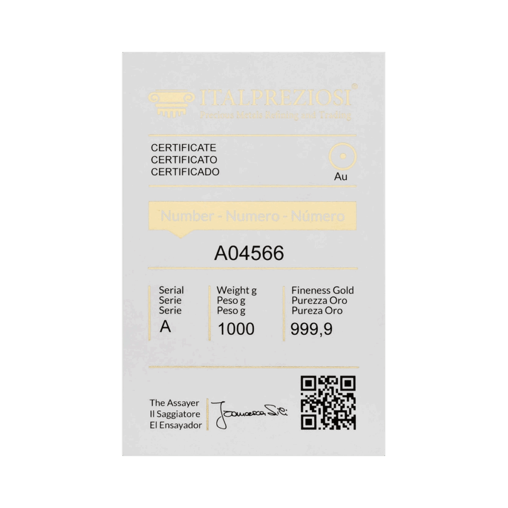 Certificato per lingotto Oro da 1 kg, serie A04566, finezza 999,9, firmato dal saggiatore, testo in inglese/italiano/spagnolo e codice QR.