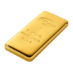 Il Lingotto Oro 1 kg è un singolo lingotto d'oro con bordi lisci, inciso con la scritta "1 KILO FINE GOLD 999.9" e incastonato su uno sfondo bianco.