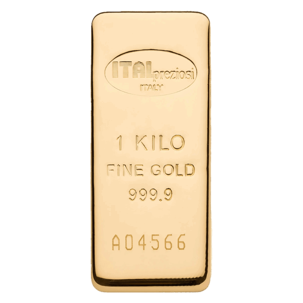 Lingotto Oro da 1 kg con timbro ITALpreziosi ITALIA, 1 KILO FINE GOLD 999.9 e numero di serie A04566.