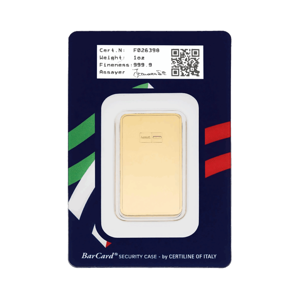 Il Lingotto Oro 1 oncia è un lingotto d'oro in una confezione sicura etichettata con i suoi dettagli, visualizzati su un cartoncino decorato con strisce diagonali verdi, bianche e rosse ispirate alla bandiera italiana.