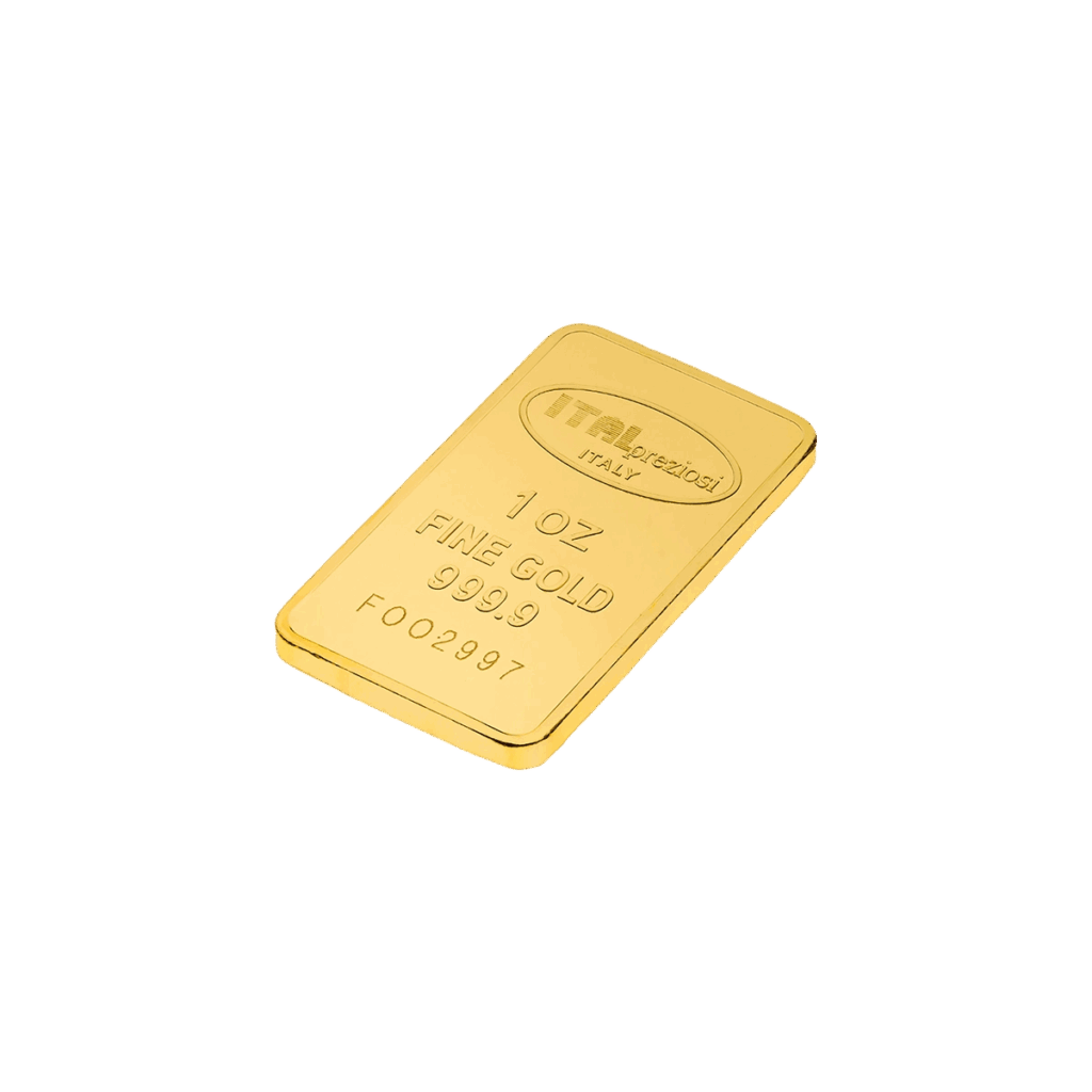 Un singolo lingotto Oro 1 oncia con timbro 1 OZ FINE GOLD 999.9 e numero di serie, su sfondo bianco.