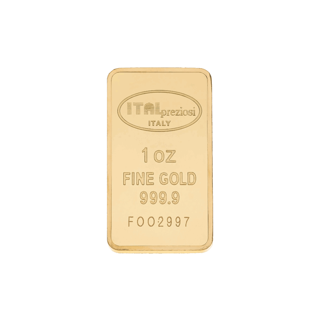 Il Lingotto Oro 1 oncia è un lingotto d'oro rettangolare da 1 oncia con la dicitura ITApreziosi ITALIA, 1 OZ FINE GOLD 999.9 e il numero di serie F002997, su sfondo bianco.