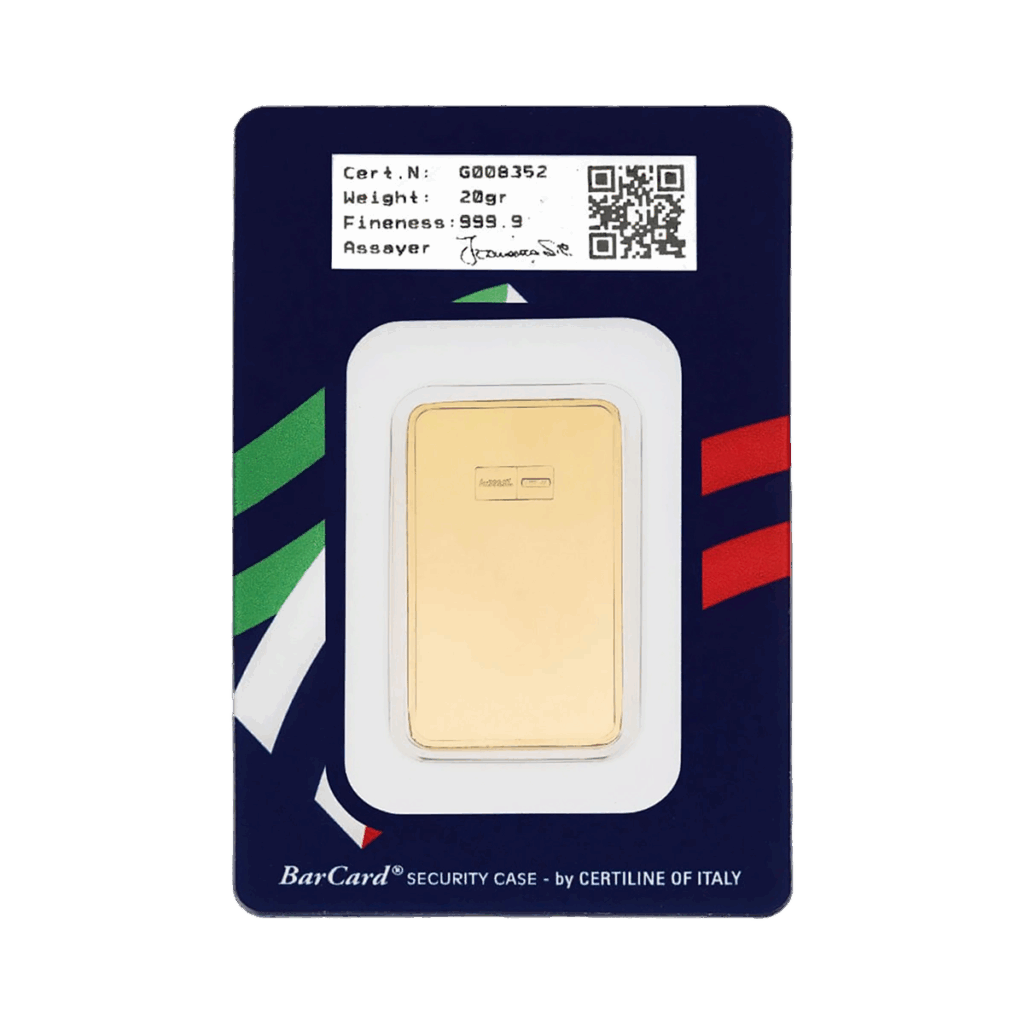 Il Lingotto Oro 20gr è un lingotto d'oro da 20 grammi sigillato in una custodia di sicurezza Certiline BarCard con i dettagli della certificazione, un codice QR e una confezione a tema bandiera italiana.
