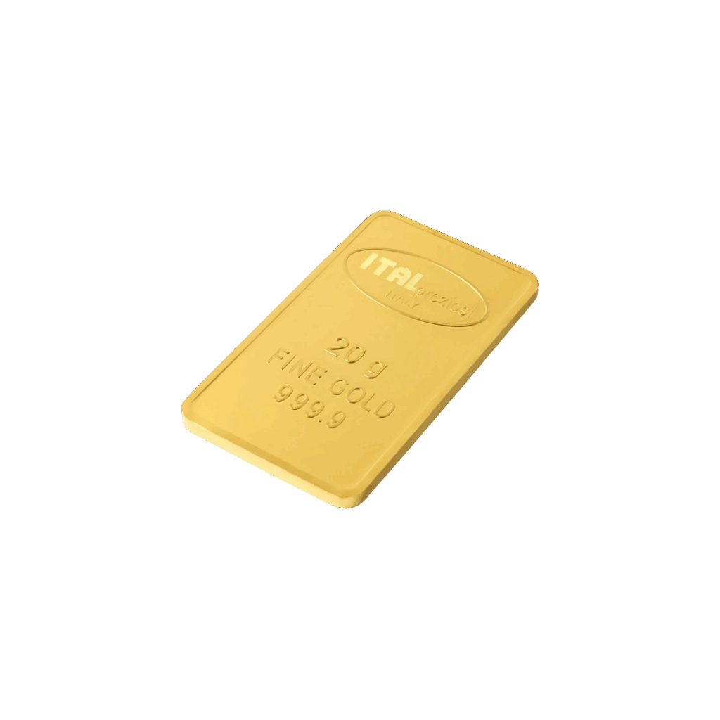 Il Lingotto Oro 20gr è un lingotto d'oro rettangolare con bordi arrotondati, con inciso ITALPREZIOSI, 20 g, ORO FINE e 999,9, su sfondo bianco.