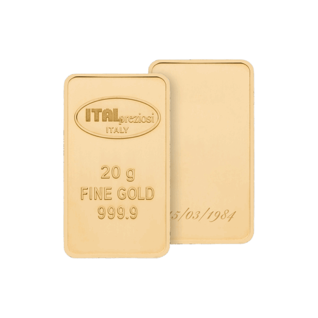 L'immagine mostra due lingotti d'oro Lingotto Oro da 20 grammi: uno inciso con ITALpreziosi ITALIA, 20 g ORO FINE 999,9, e l'altro lato vuoto con un debole numero di serie. Entrambi hanno superfici lisce e angoli arrotondati.
