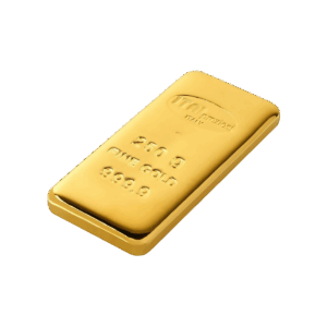 Un lingotto d'oro da 250 grammi, con la dicitura ORO PURO 999,9, è visualizzato su uno sfondo bianco.