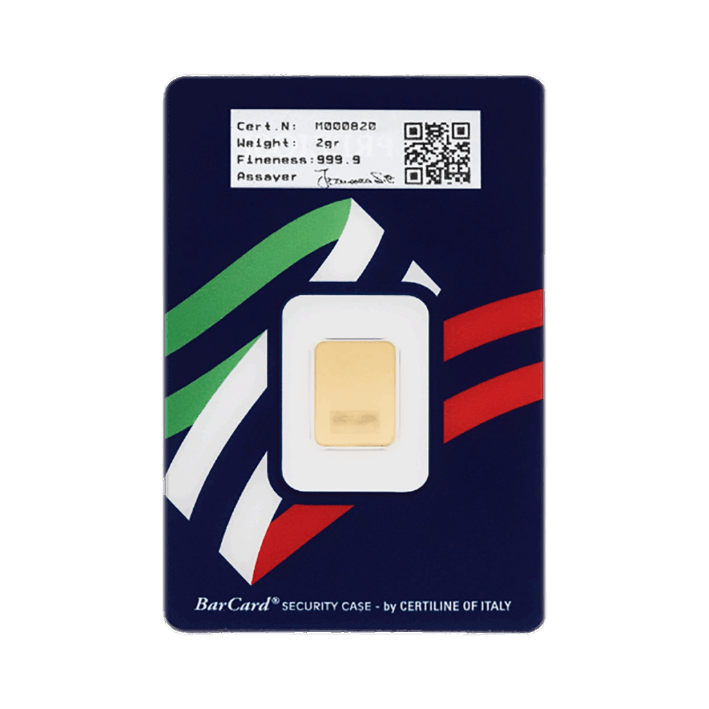 La Lingotto Oro 2gr è una tessera rettangolare con un lingotto d'oro da 2 grammi sigillato al centro con numero di serie, peso, finezza e codice QR. Il biglietto ha strisce rosse, bianche e verdi ed è etichettato come "BarCard Security Case".