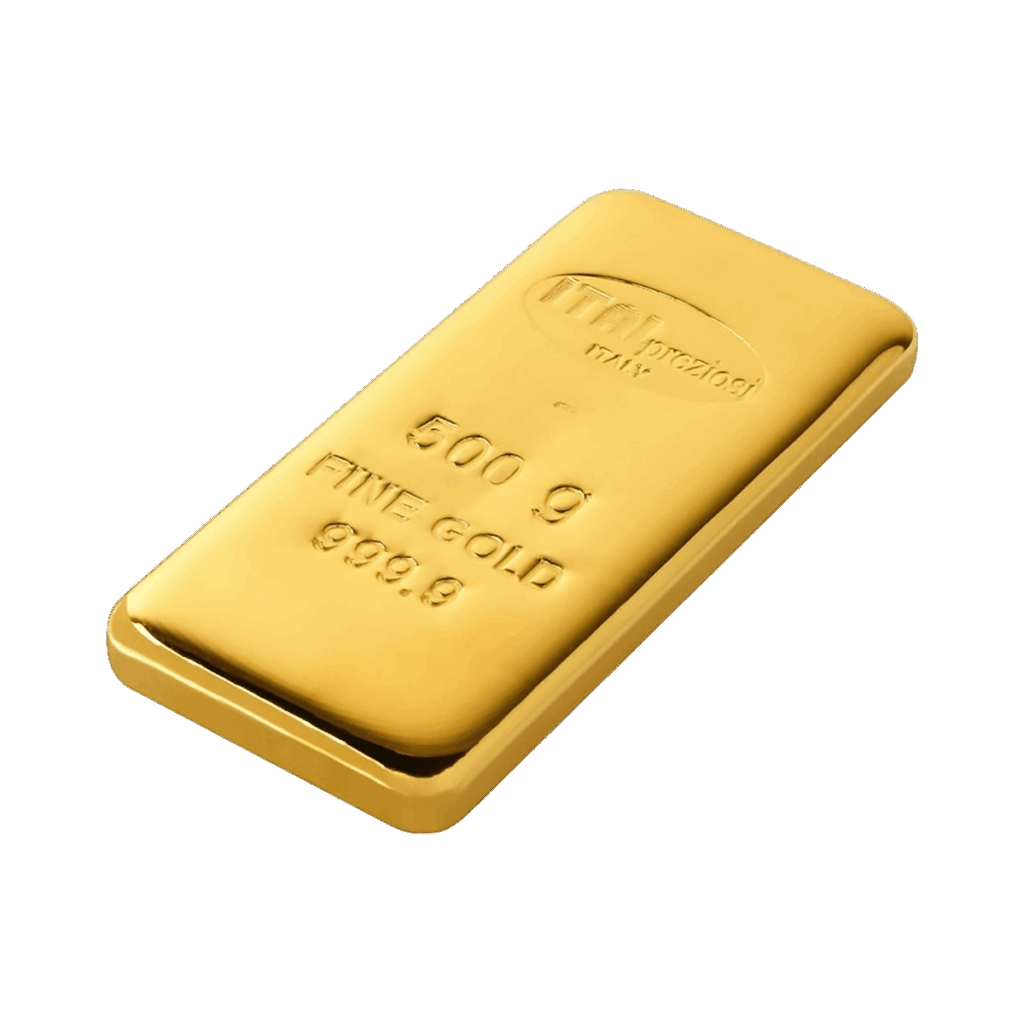 Il Lingotto Oro 500gr, un lingotto d'oro lucido del peso di 500 grammi, è visualizzato su uno sfondo bianco. Presenta l'incisione ORO FINE 999,9 e una superficie liscia e riflettente.