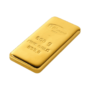 Il Lingotto Oro 500gr, un lingotto d'oro lucido del peso di 500 grammi, è visualizzato su uno sfondo bianco. Presenta l'incisione ORO FINE 999,9 e una superficie liscia e riflettente.