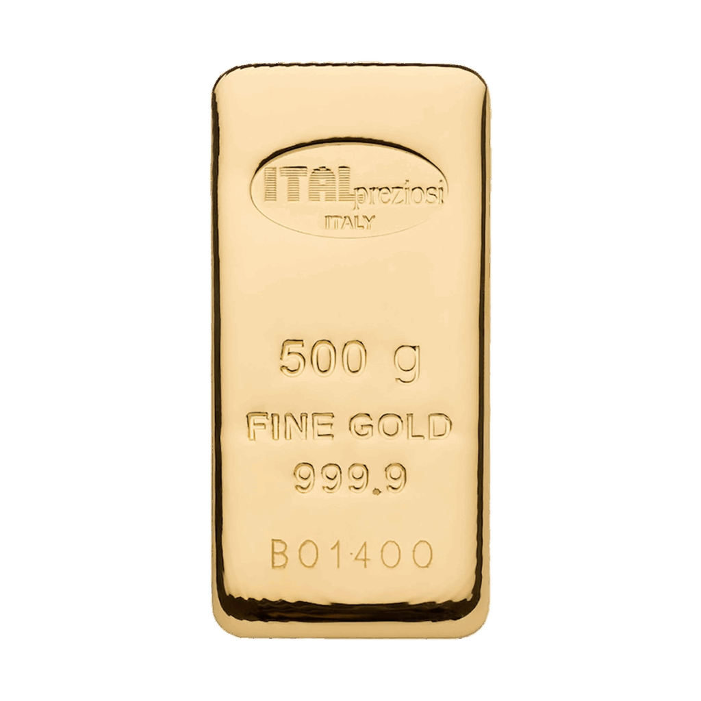 Il Lingotto Oro 500gr è un lingotto d'oro lucido con la dicitura ITALpreziosi ITALIA, 500 g, ORO FINE 999,9 e il numero di serie B01400, caratterizzato da bordi lisci e finitura riflettente.