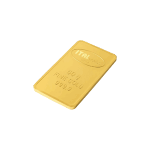 Un lingotto d'oro da 50 grammi con bordi arrotondati, marcato ITAL PREZIOSI, 50 g ORO FINE 999,9, poggia su uno sfondo bianco.