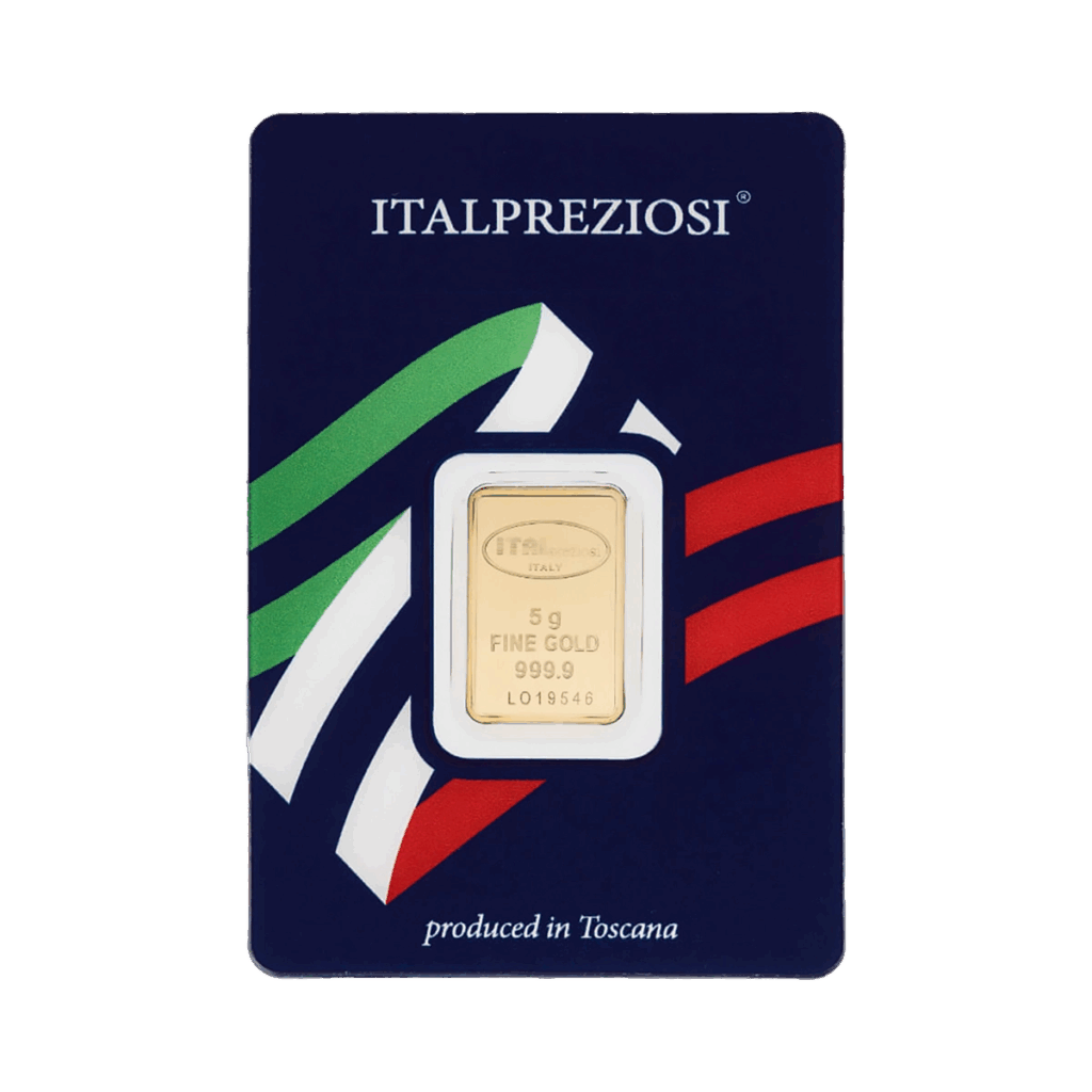 Il Lingotto Oro 5gr è un lingotto d'oro fino da 5 grammi purezza 999,9, confezionato in blu con marchio ITALPREZIOSI, strisce verdi, bianche e rosse e la scritta "prodotto in Toscana".