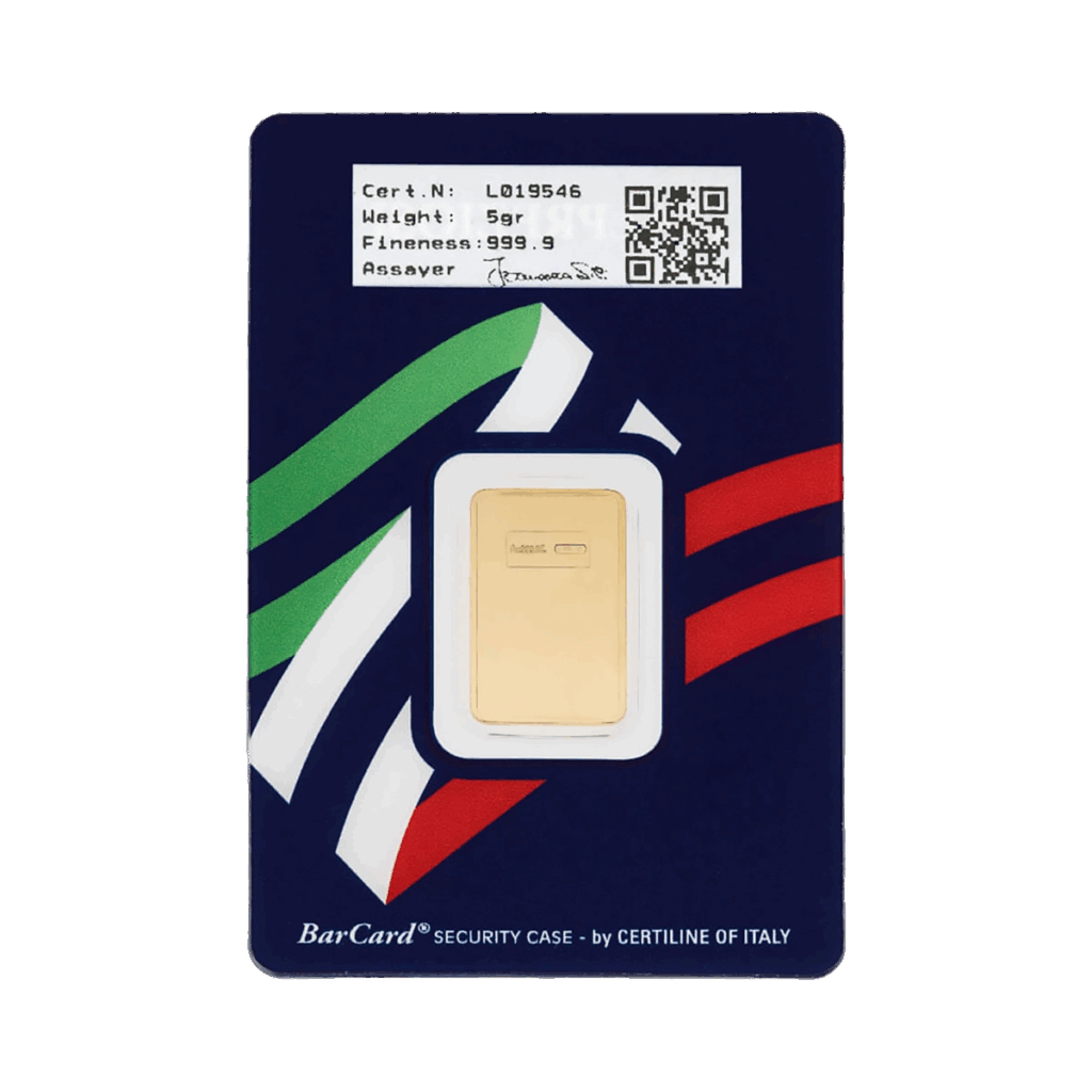 Il Lingotto Oro 5gr è racchiuso in una tessera di sicurezza con i dettagli della certificazione, tra cui il numero di certificazione, il peso di 5gr e la finezza 999,9, visualizzati su uno sfondo blu con strisce diagonali rosse, verdi e bianche.