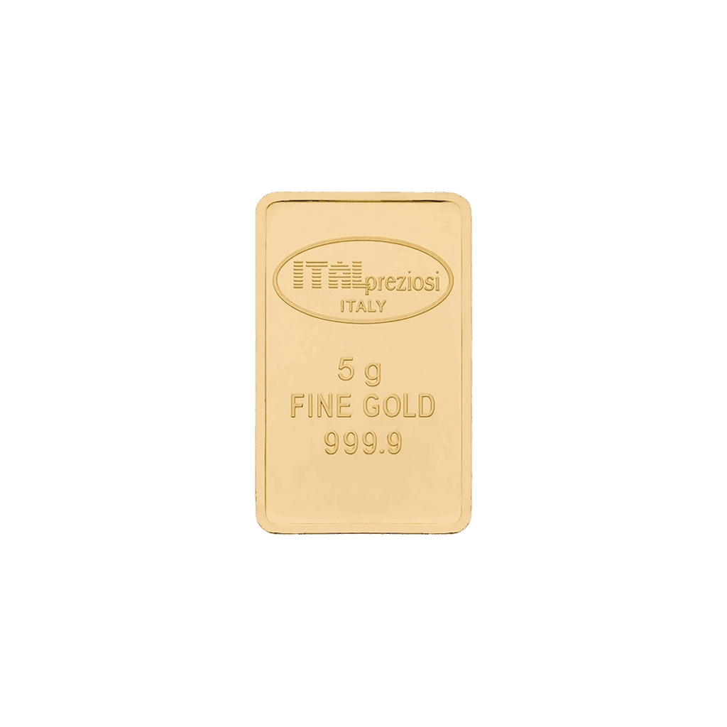 Lingotto Oro 5gr rettangolare con bordi arrotondati, con incisione "Italpreziosi ITALY, 5 g FINE GOLD 999.9" sul fronte. È centrato su uno sfondo bianco.