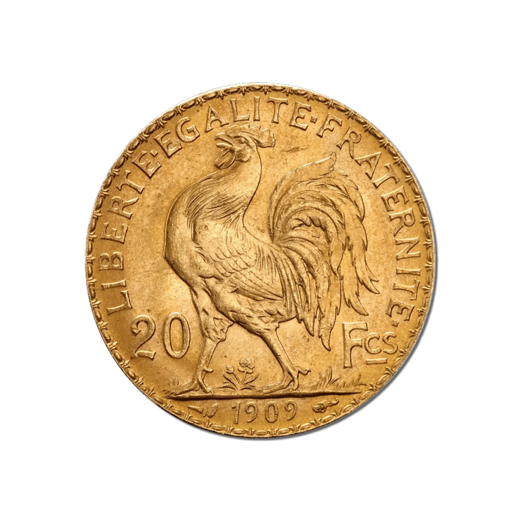 La moneda de oro de 20 Francos Franceses Gallo y Mariana Oro 1899-1914 muestra un gallo central con la inscripción "LIBERTE EGALITE FRATERNITE", marcada 20 Fcs y fechada en 1909 en la parte inferior.