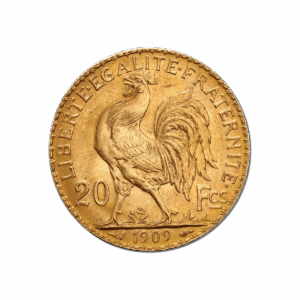 Il 20 Franchi Francesi Galletto e Marianna Oro 1899-1914 è una moneta d'oro con un gallo dettagliato al centro, LIBERTÉ ÉGALITÉ FRATERNITÉ intorno al bordo, 20 Fcs sui lati e l'anno 1909 in basso.