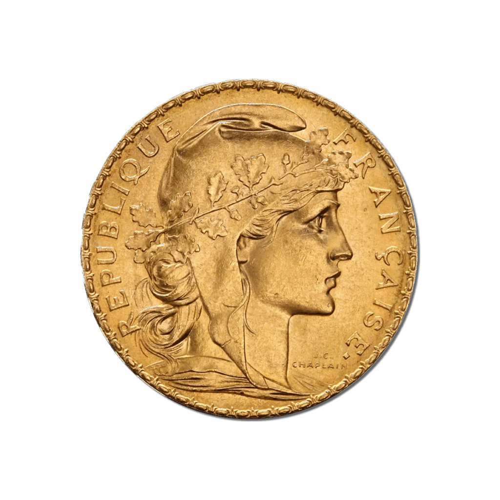 La moneda de 20 francos franceses Gallo y Mariana Oro 1899-1914 es una moneda francesa de oro en la que figura Marianne con una corona de laurel y la inscripción "REPUBLIQUE FRANÇAISE" en el canto.