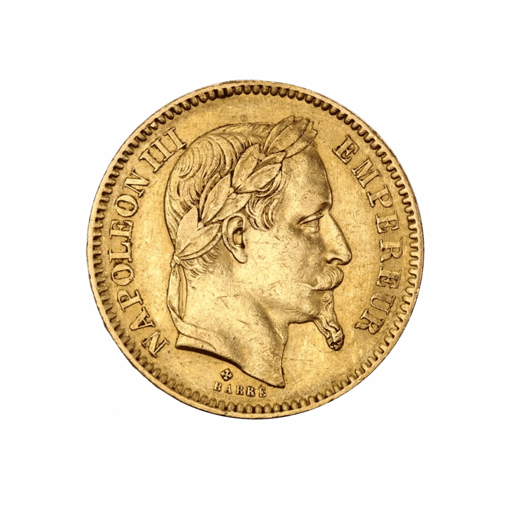 La moneta d'oro da 20 Franchi Francesi Oro - Napoleone III Incoronato 1861-1870 presenta un profilo di Napoleone III rivolto verso destra con una corona d'alloro e l'iscrizione NAPOLEONE III EMPEREUR lungo il bordo.