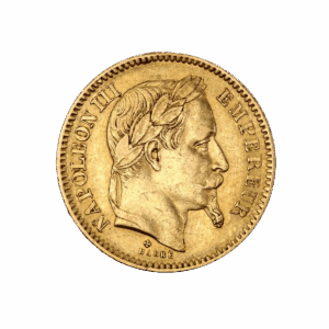 La moneta d'oro da 20 Franchi Francesi Oro - Napoleone III Incoronato 1861-1870 presenta un profilo di Napoleone III rivolto verso destra con una corona d'alloro e l'iscrizione NAPOLEONE III EMPEREUR lungo il bordo.