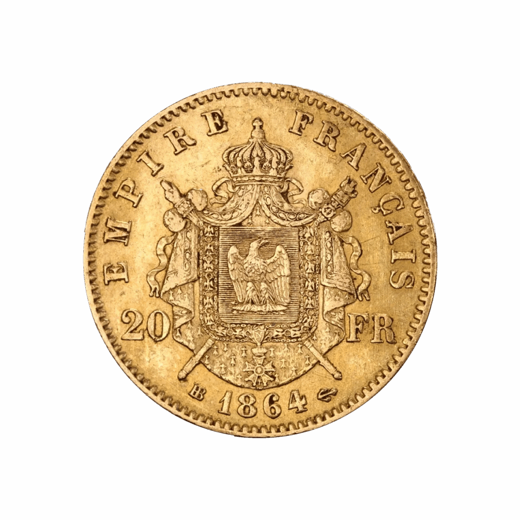 Moneta d'oro da 20 Franchi Francesi Oro - Napoleone III Incoronato 1861-1870 del 1864, con scudo imperiale coronato e aquila, iscrizione EMPIRE FRANÇAIS e denominazione 20 FR.