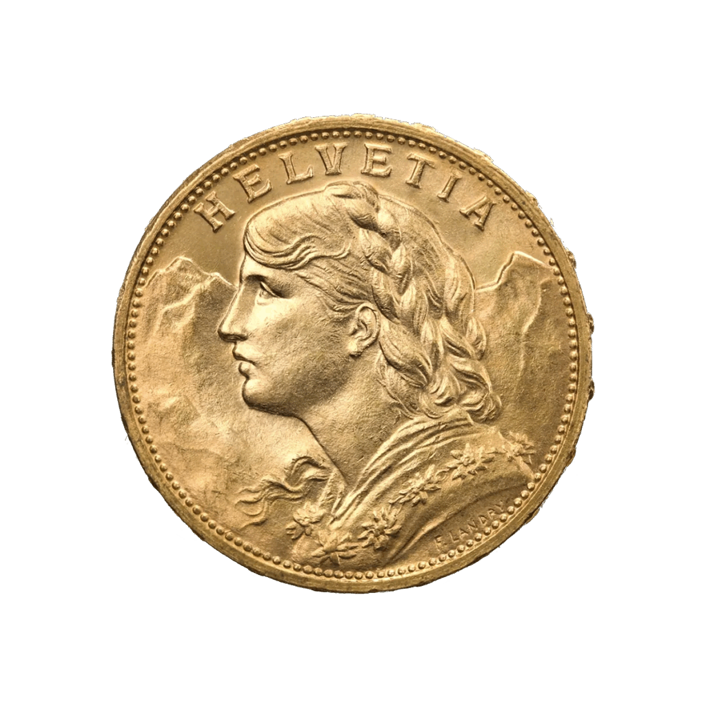 La moneta d'oro da 20 Franchi Svizzeri Vreneli Oro 1897-1949 mostra una donna con i capelli intrecciati, le montagne sullo sfondo e la scritta "HELVETIA" in alto.