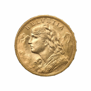 La moneta d'oro da 20 Franchi Svizzeri Vreneli Oro 1897-1949 mostra una donna con i capelli intrecciati, le montagne sullo sfondo e la scritta "HELVETIA" in alto.
