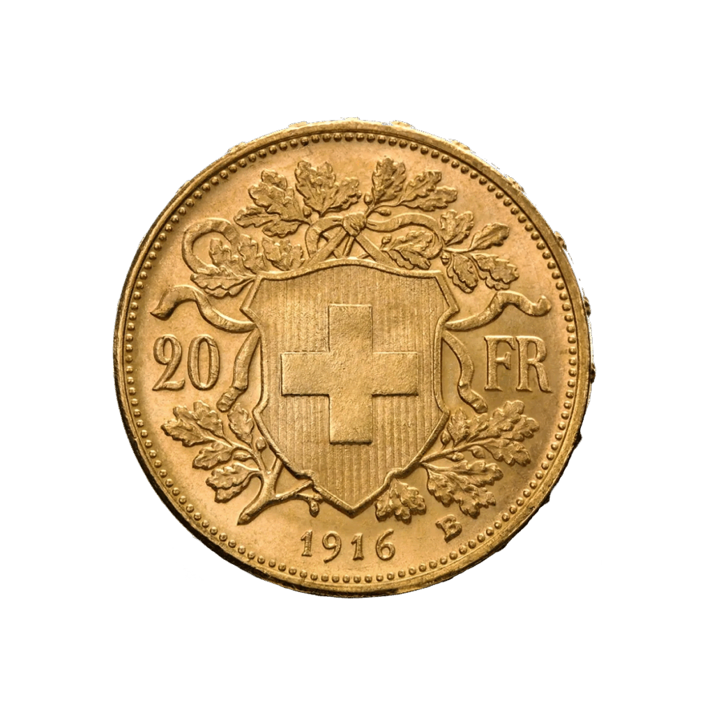 La moneta d'oro da 20 Franchi Svizzeri Vreneli Oro 1897-1949 presenta uno scudo con croce svizzera circondato da rami, 20 FR su ogni lato e l'anno 1916 in basso.