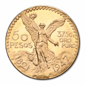 La moneta da 50 Pesos Messicani Oro - 1821-1947 presenta sul dritto la statua della Vittoria Alata, la scritta "50 Pesos", gli anni 1821 e 1947, la scritta "37,5g ORO PURO" e le montagne sullo sfondo.