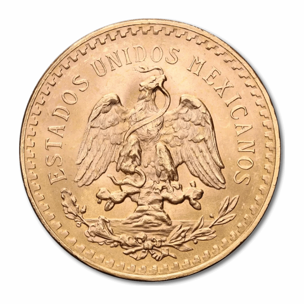 La moneta da 50 Pesos Messicani Oro 1821-1947 presenta un'aquila su un cactus con un serpente nel becco e nell'artiglio, circondata dall'iscrizione ESTADOS UNIDOS MEXICANOS.