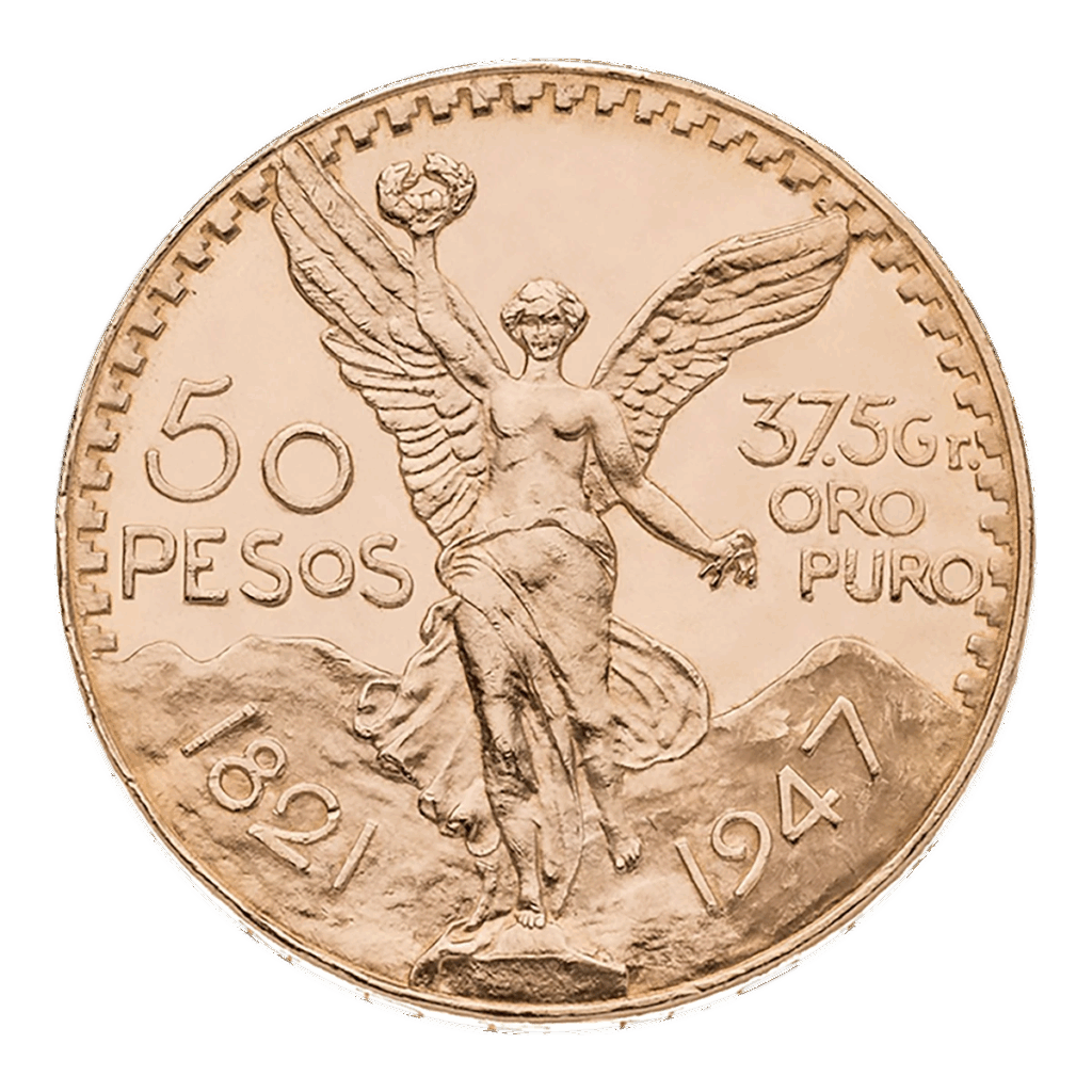 La moneta d'oro da 50 Pesos del Messico raffigura una statua della Vittoria alata con montagne, 50 PESOS, 37,5 Gr. ORO PURO, e gli anni 1821 e 1947 incisi sul fronte.
