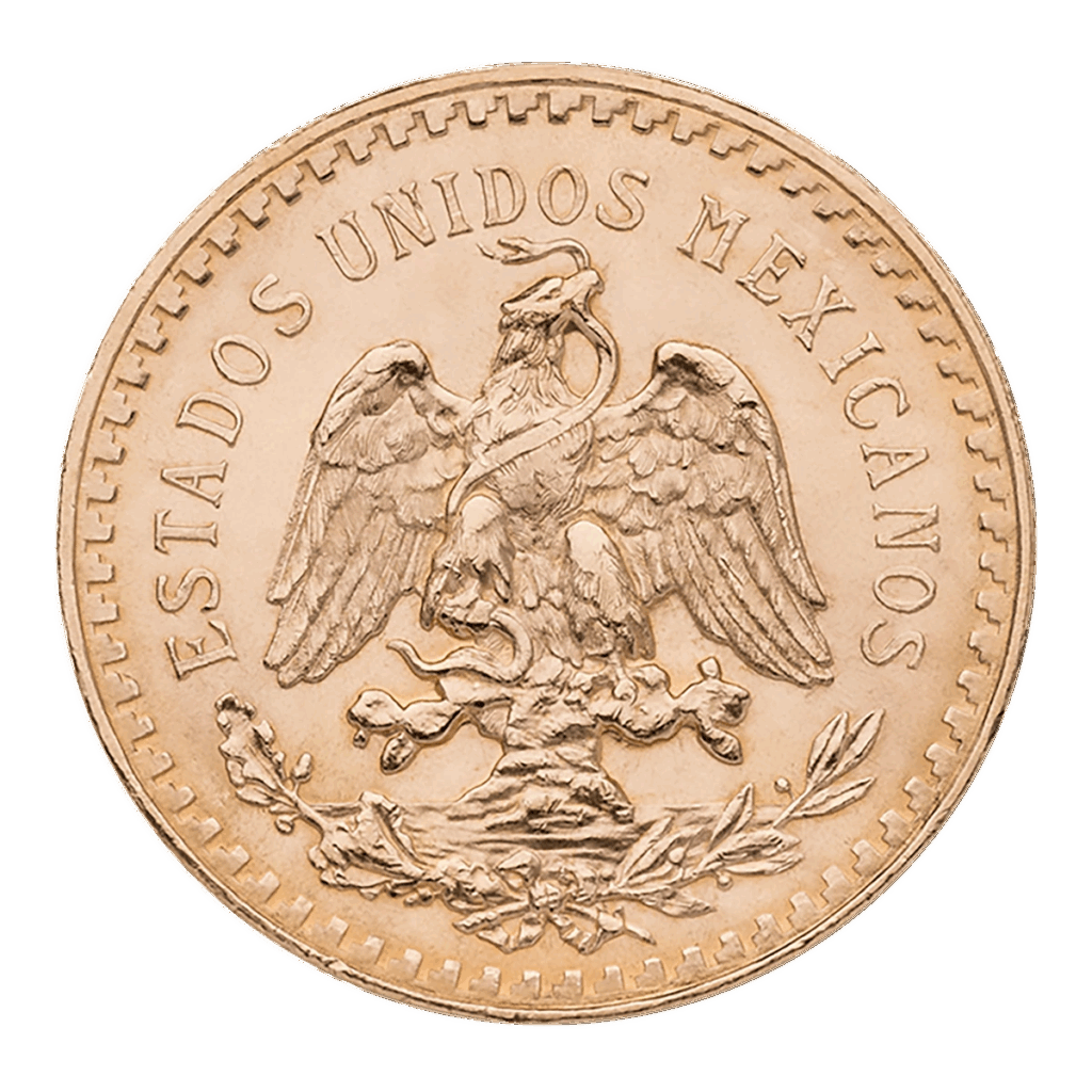 La moneta d'oro da 50 Pesos Mexico presenta lo stemma del Messico: un'aquila su un cactus con un serpente nel becco e nell'artiglio, circondata dall'iscrizione ESTADOS UNIDOS MEXICANOS.