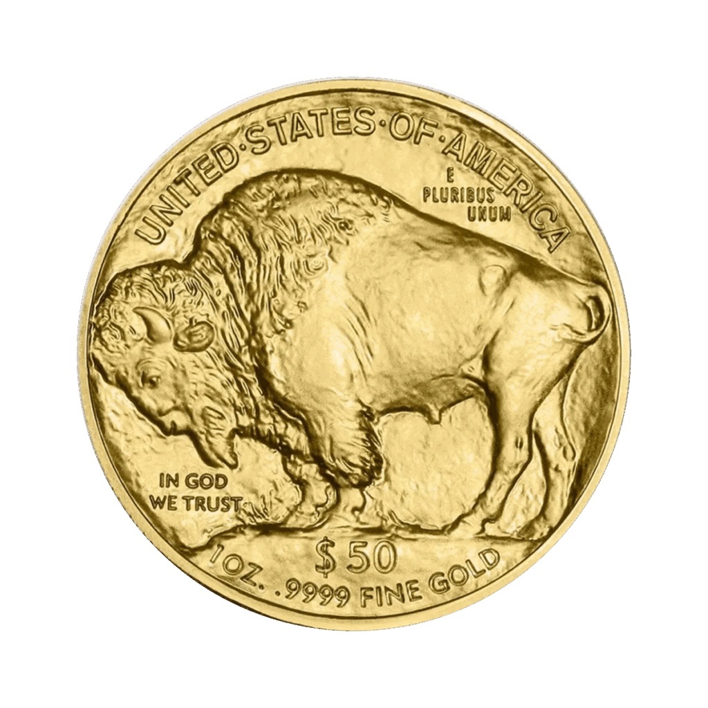 Il Bufalo Americano Oro 2025 da 1 oz presenta un grande bufalo americano e le iscrizioni: UNITED STATES OF AMERICA, E PLURIBUS UNUM, IN GOD WE TRUST, 50, 1 OZ. .9999 FINE GOLD.